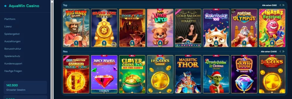Aquawin Casino Bonus 3000 Euro und Freispiele